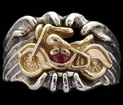Motorcycle on Signet Ring - Sterling Silver and 10K Gold - Ruby