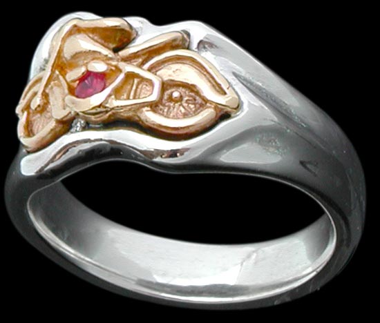 Motorcycle on smooth Signet Ring - Sterling Silver and 10K Gold - Ruby