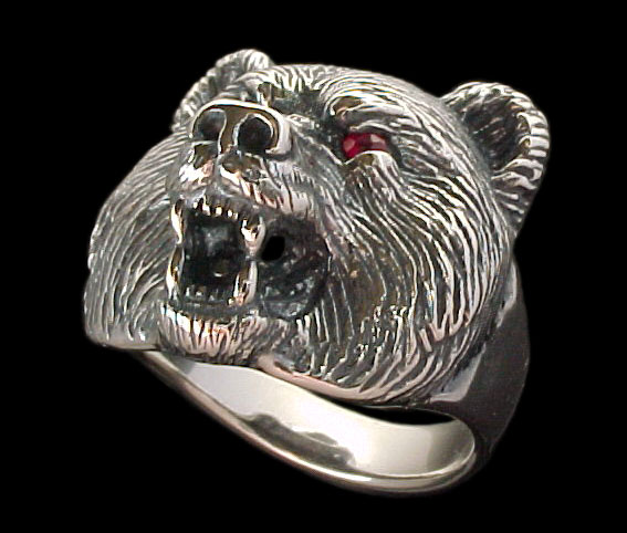 Large Bear Ring - Sterling Silver - Ruby