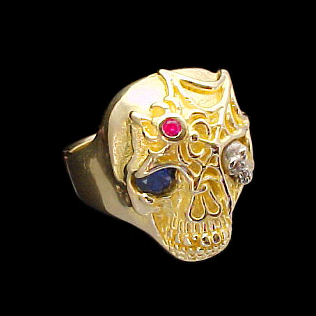 Ex. Large Skull Ring with spider and web - 10K Gold and 10K White Gold - Sapphire, Ruby