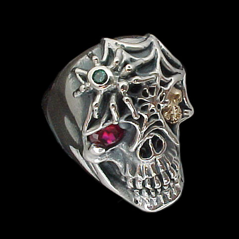 Ex. Ex. Large Skull Ring with spider and web - Sterling Silver and 10K Gold - Ruby, Emerald