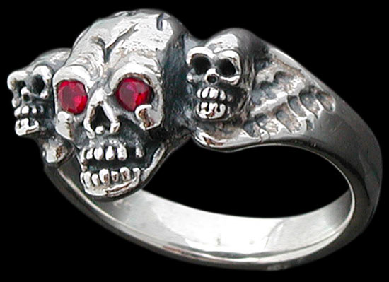 3 Skull Ring - Sterling Silver - Ruby
