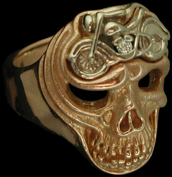 Large Skull ring with motorcycle - 10K Gold and 10K White Gold - Diamond