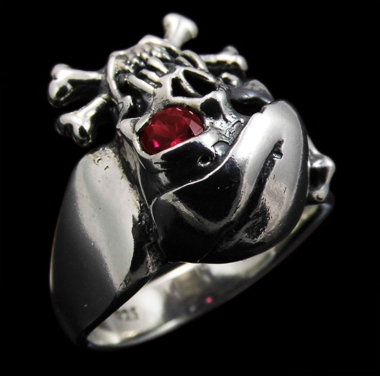 Large Pirate Skull with Bandana and Bones Ring - Sterling Silver - Ruby