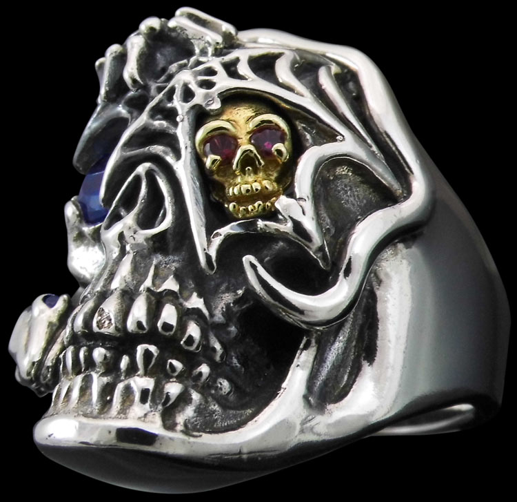 Ex. Ex. Large Skull Ring with spider, web and snake - Sterling Silver and 10K Gold - Sapphire, Ruby, Emerald