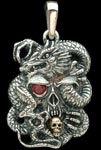 Skull and Dragon Pendant - Sterling Silver and 10K Gold - Ruby