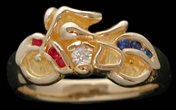 Motorcycle Ring - 10K Gold - Diamond, Ruby, Sapphire