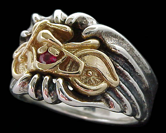 Motorcycle on Signet Ring - Sterling Silver and 10K Gold - Ruby
