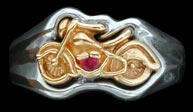 Motorcycle on smooth Signet Ring - Sterling Silver and 10K Gold - Ruby