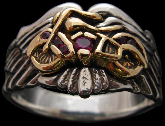 Motorcycle on Feathers Signet Ring - Sterling Silver and 10K Gold - Ruby