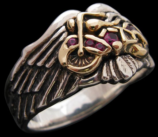 Motorcycle on Feathers Signet Ring - Sterling Silver and 10K Gold - Ruby