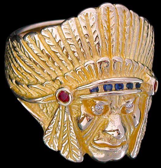 Large Indian Ring - 10K Gold - Diamond, Emerald, Ruby