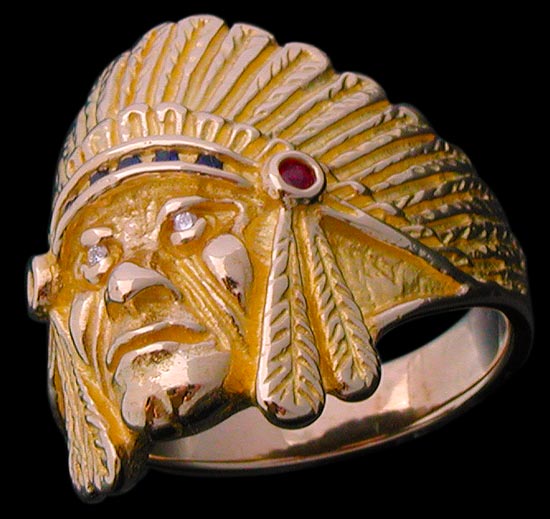 Large Indian Ring - 10K Gold - Diamond, Emerald, Ruby