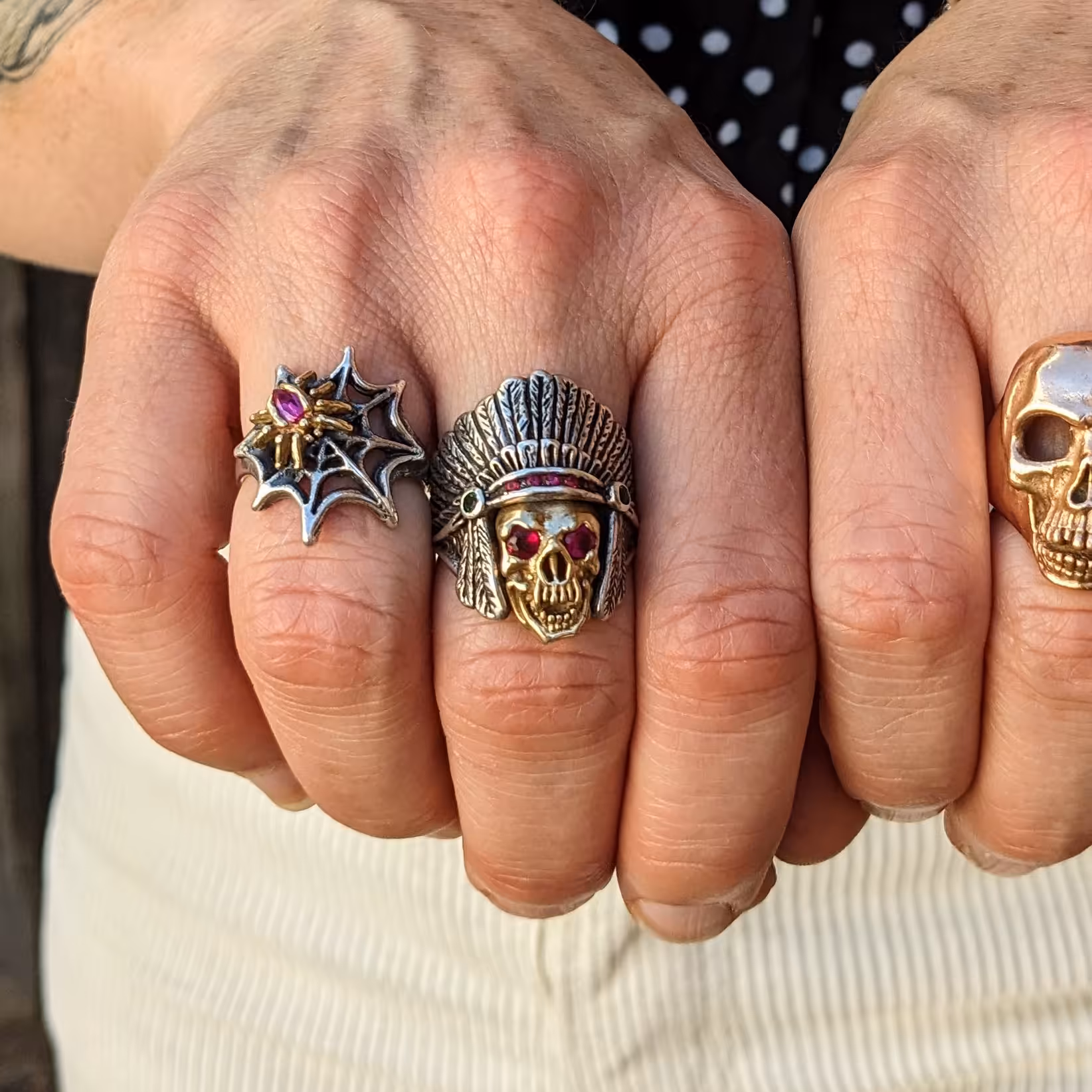 Large Indian and Skull Ring - Sterling Silver and 10K Gold - Ruby