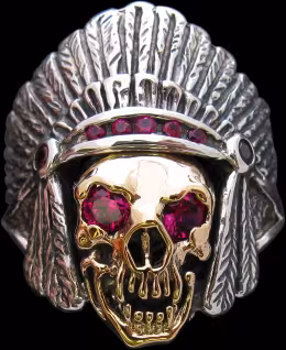 Large Indian and Skull Ring - Sterling Silver and 10K Gold - Ruby