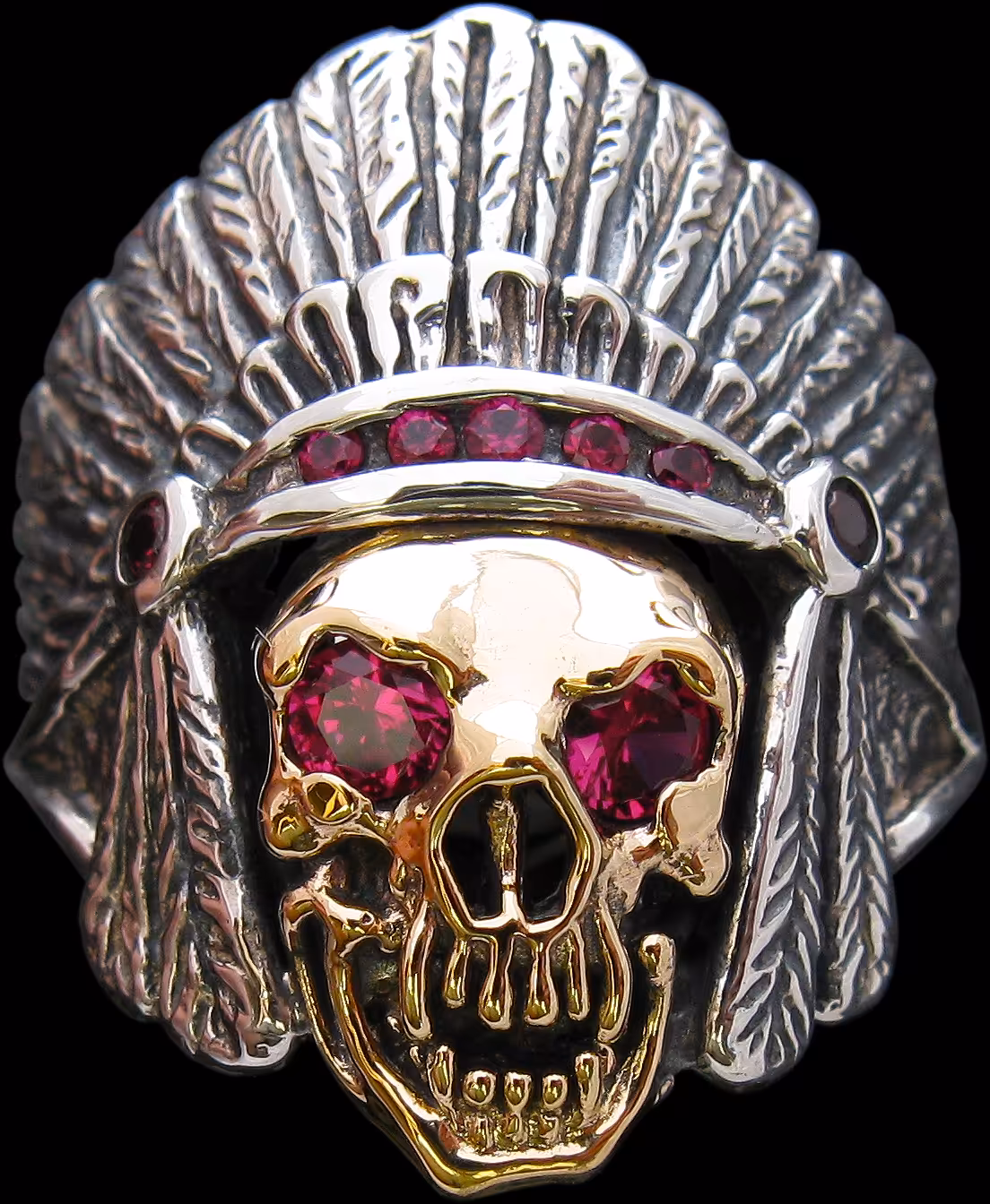 Large Indian and Skull Ring - Sterling Silver and 10K Gold - Ruby