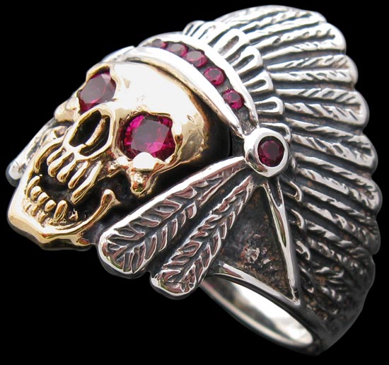 Large Indian and Skull Ring - Sterling Silver and 10K Gold - Ruby
