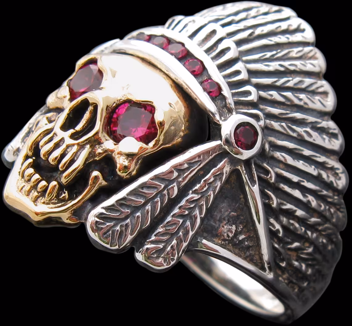 Large Indian and Skull Ring - left profile with Rubies in headdress