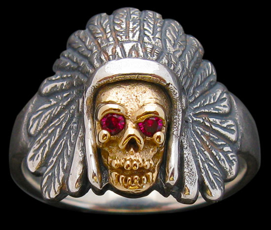 Small Indian and Skull Ring - Sterling Silver and 10K Gold - Ruby