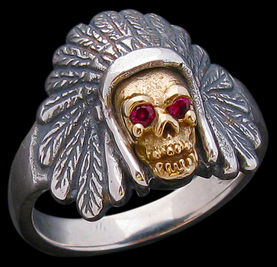 Small Indian and Skull Ring - Sterling Silver and 10K Gold - Ruby
