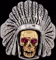 Small Skull Chief Ring - Sterling Silver and 10K Gold - Ruby