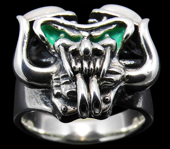 Heavy Pan head Ring with Horns and Exhausts - Sterling Silver