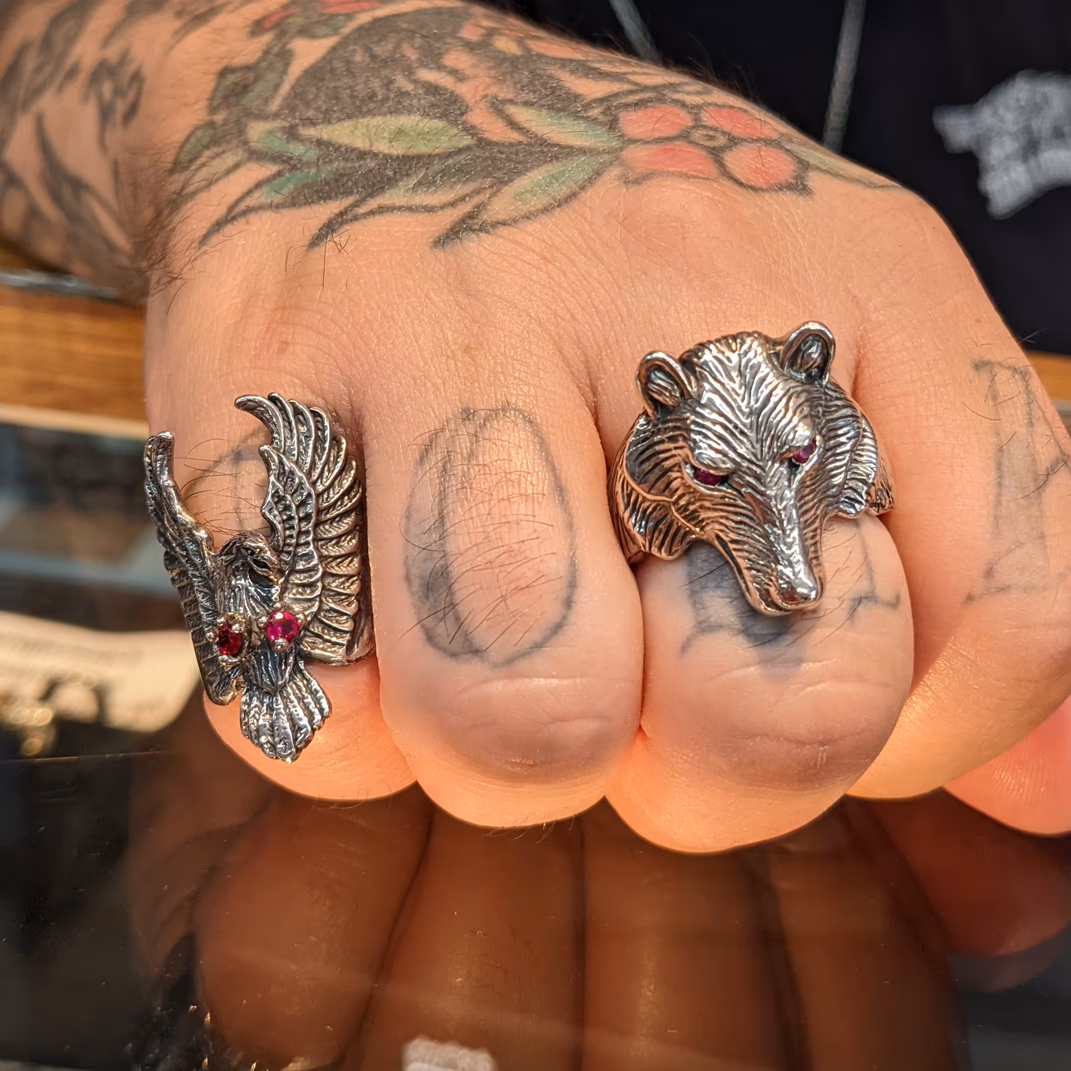 Large Attack Eagle Ring - Sterling Silver - Ruby