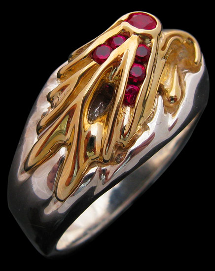 Medium Eagle on Signet Ring - Sterling Silver and 10K Gold - Ruby