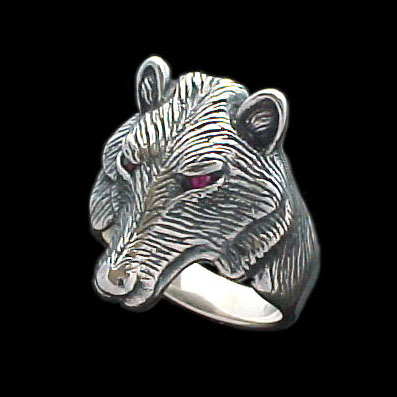 Large Wolf Ring - Sterling Silver - Ruby