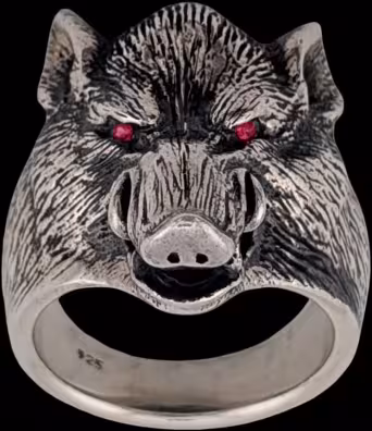 Large Boar Ring - Sterling Silver - Ruby