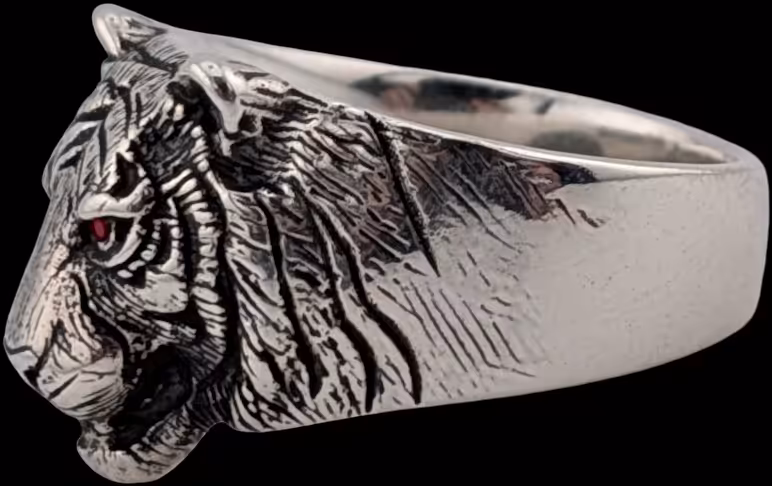 Medium Tiger Ring - left profile with Ruby in eye