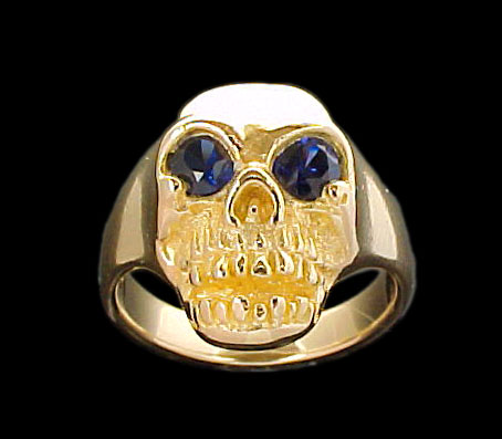 Large Skull Ring - 10K Gold - Sapphire