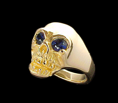 Large Skull Ring - 10K Gold - Sapphire