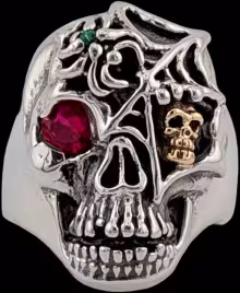 Ex. Large Skull Ring with spider and web - Sterling Silver and 10K Gold - Ruby, Emerald