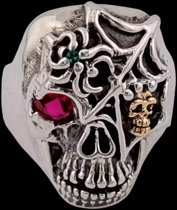 Ex. Large Skull Ring with spider and web - top right profile looking at Emerald in back of spider