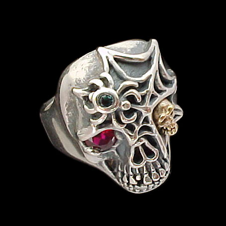 Ex. Large Skull Ring with spider and web - Sterling Silver and 10K Gold - Ruby, Emerald