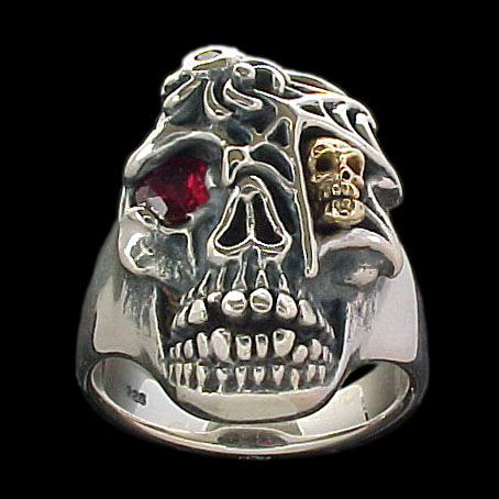 Ex. Large Skull Ring with spider and web - Sterling Silver and 10K Gold - Ruby, Emerald