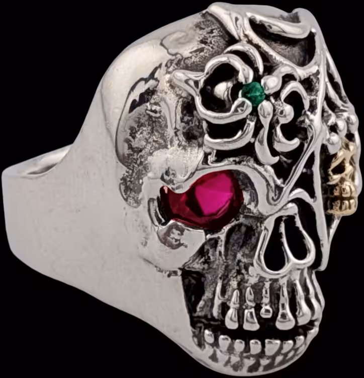Ex. Large Skull Ring with spider and web - right top profile with Emerald in spiders back