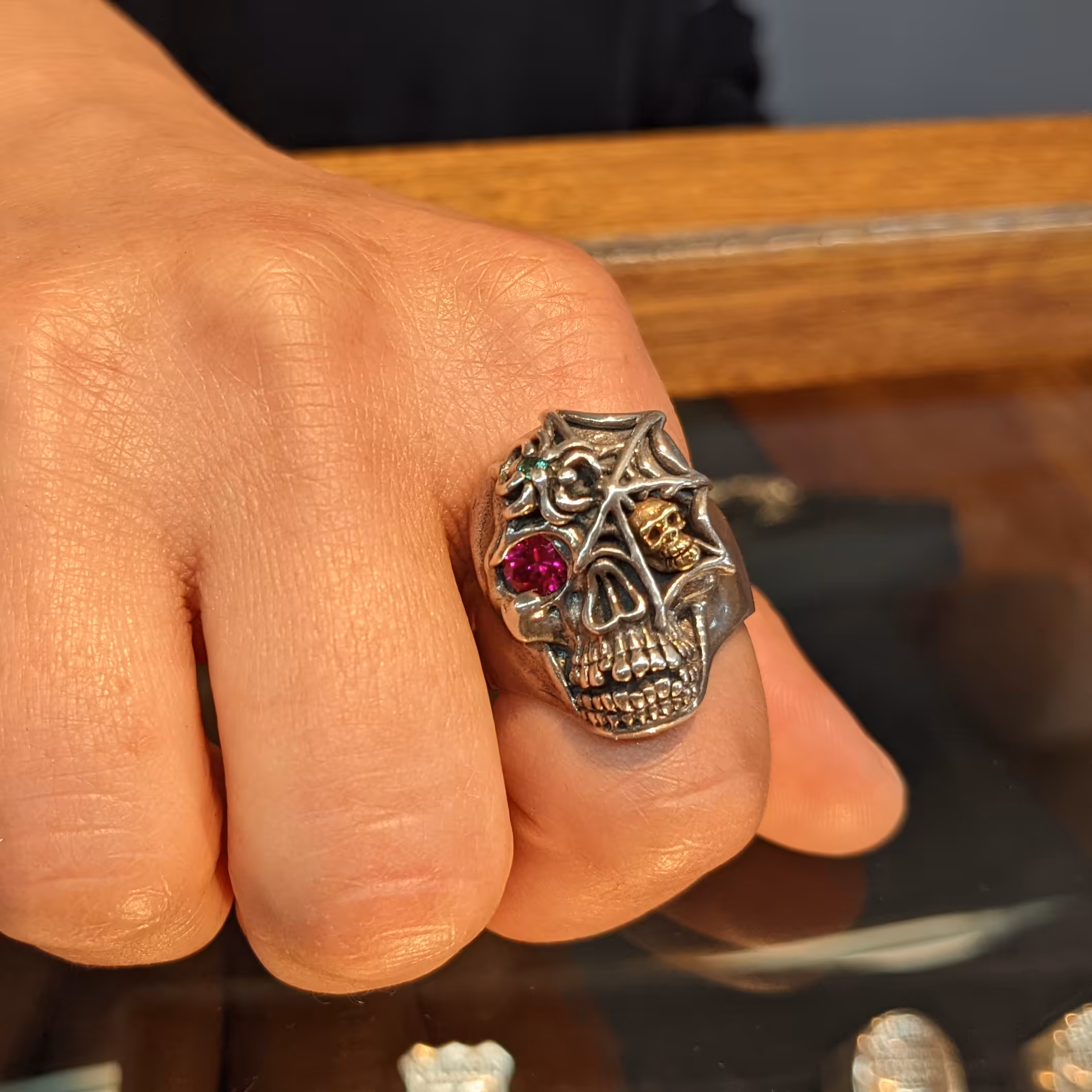 Ex. Large Skull Ring with spider and web - Sterling Silver and 10K Gold - Ruby, Emerald