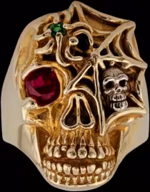 Ex. Large Skull Ring with spider and web - 10K Gold and 10K White Gold - Ruby, Emerald