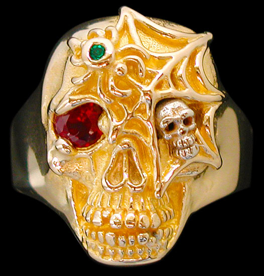 Ex. Large Skull Ring with spider and web - 10K Gold and 10K White Gold - Ruby, Emerald