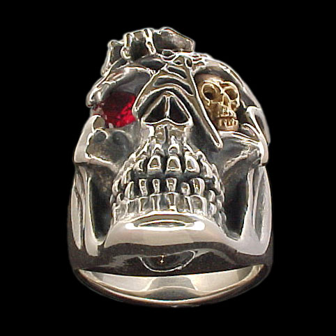 Ex. Ex. Large Skull Ring with spider and web - Sterling Silver and 10K Gold - Ruby, Emerald