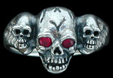 3 Skull Ring - Sterling Silver - Ruby