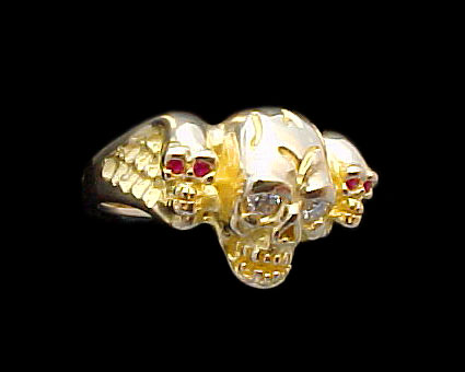 3 Skull Ring - 14K Gold - Diamond, Ruby