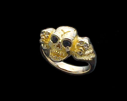 3 Skull Ring - 14K Gold - Sapphire, Diamond