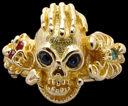 Large Skull Ring with hand, dragon and serpent - 10K Gold - Sapphire, Ruby, Emerald