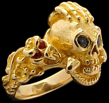 Large Skull Ring with hand, dragon and serpent - 10K Gold - Sapphire, Ruby, Emerald