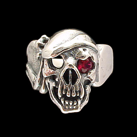 Large Skull Ring with bandana - Sterling Silver - Ruby