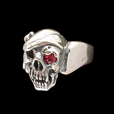 Large Skull Ring with bandana - Sterling Silver - Ruby