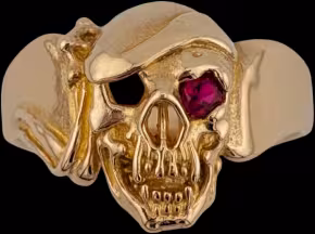 Large Skull Ring with bandana - 10K Gold - Ruby